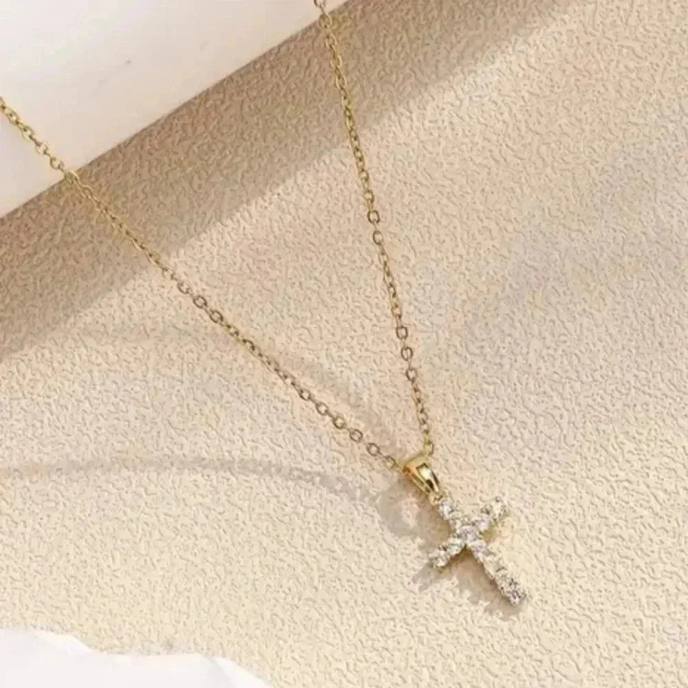 Stainless Steel Cross Pendant Necklaces With Cubic Zirconia